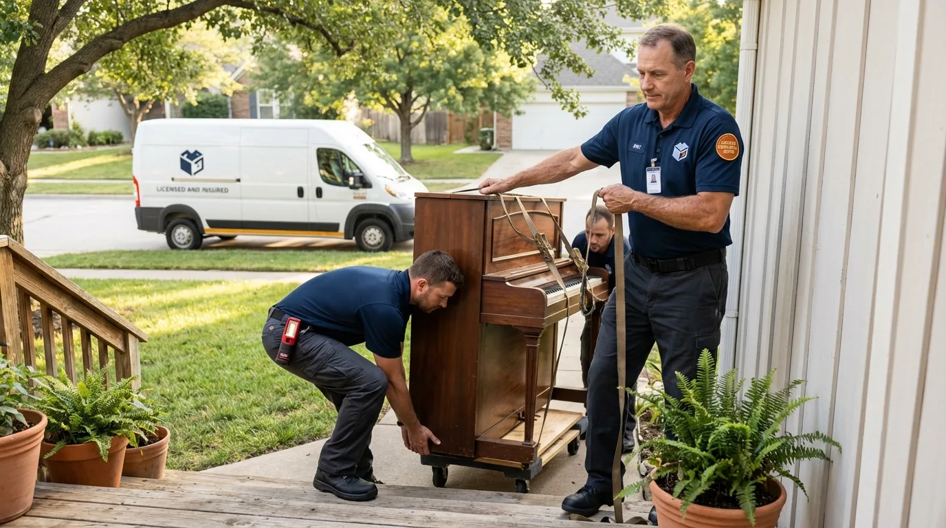 Licensed piano movers securing grand piano in Holtville, CA