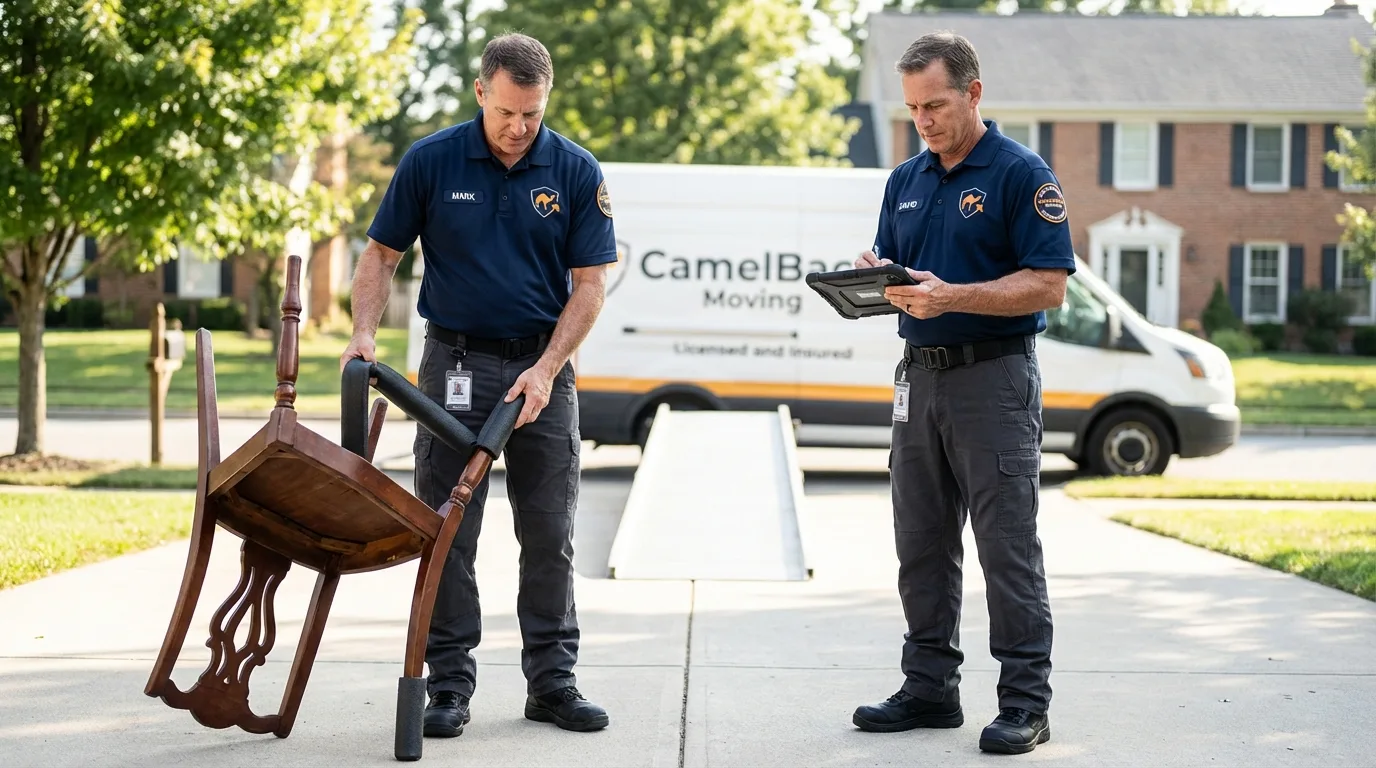 Movers inspecting furniture for damage prevention before loading in Holtville, CA