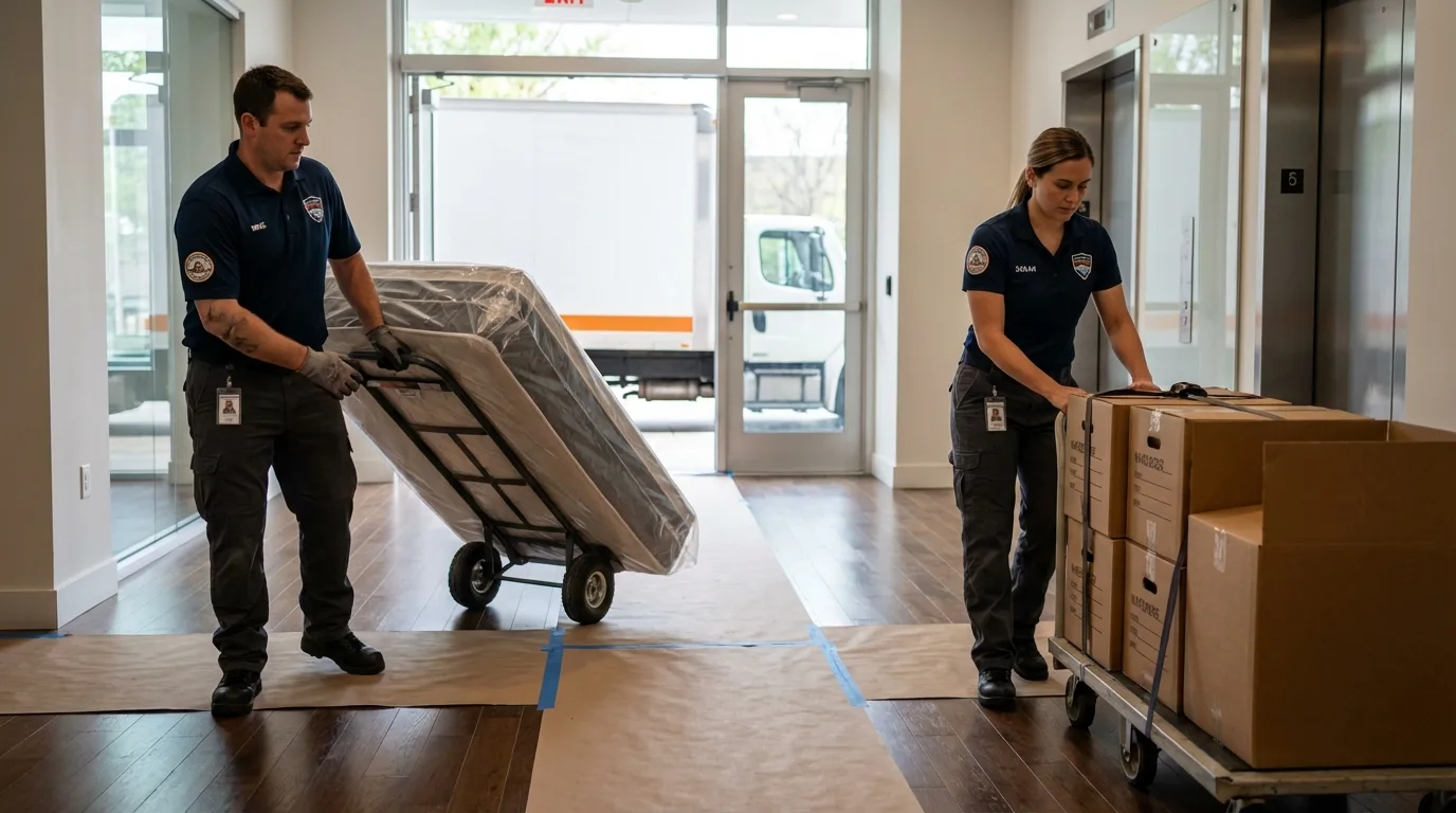 Professional apartment movers loading elevator in Holtville, CA